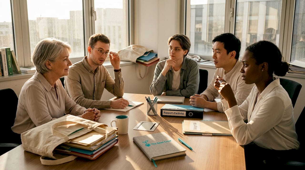 Des collègues échangent autour d’une table sur les discriminations LGBT+ au travail.