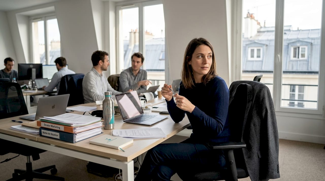 Une femme porte un regard attentif sur ses collègues dans l’ambiance animée d’un open space.