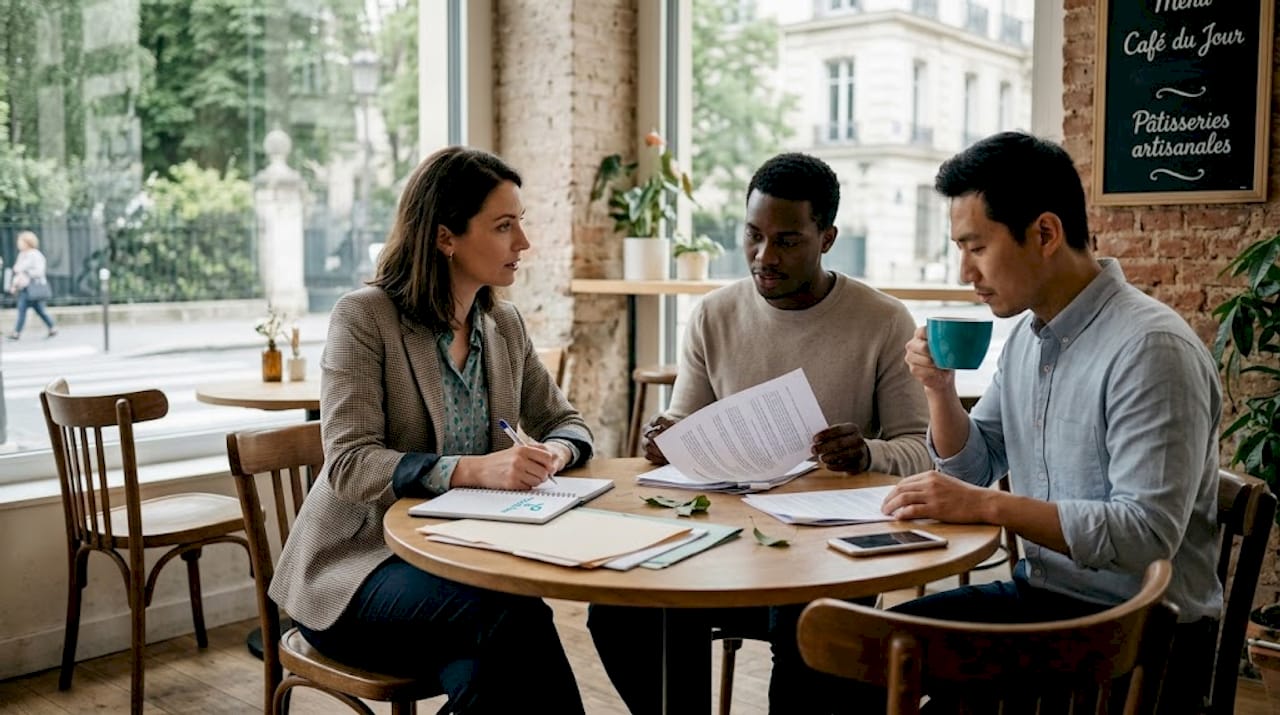 Trois collègues échangent sur l’inclusion au travail autour d’un café.