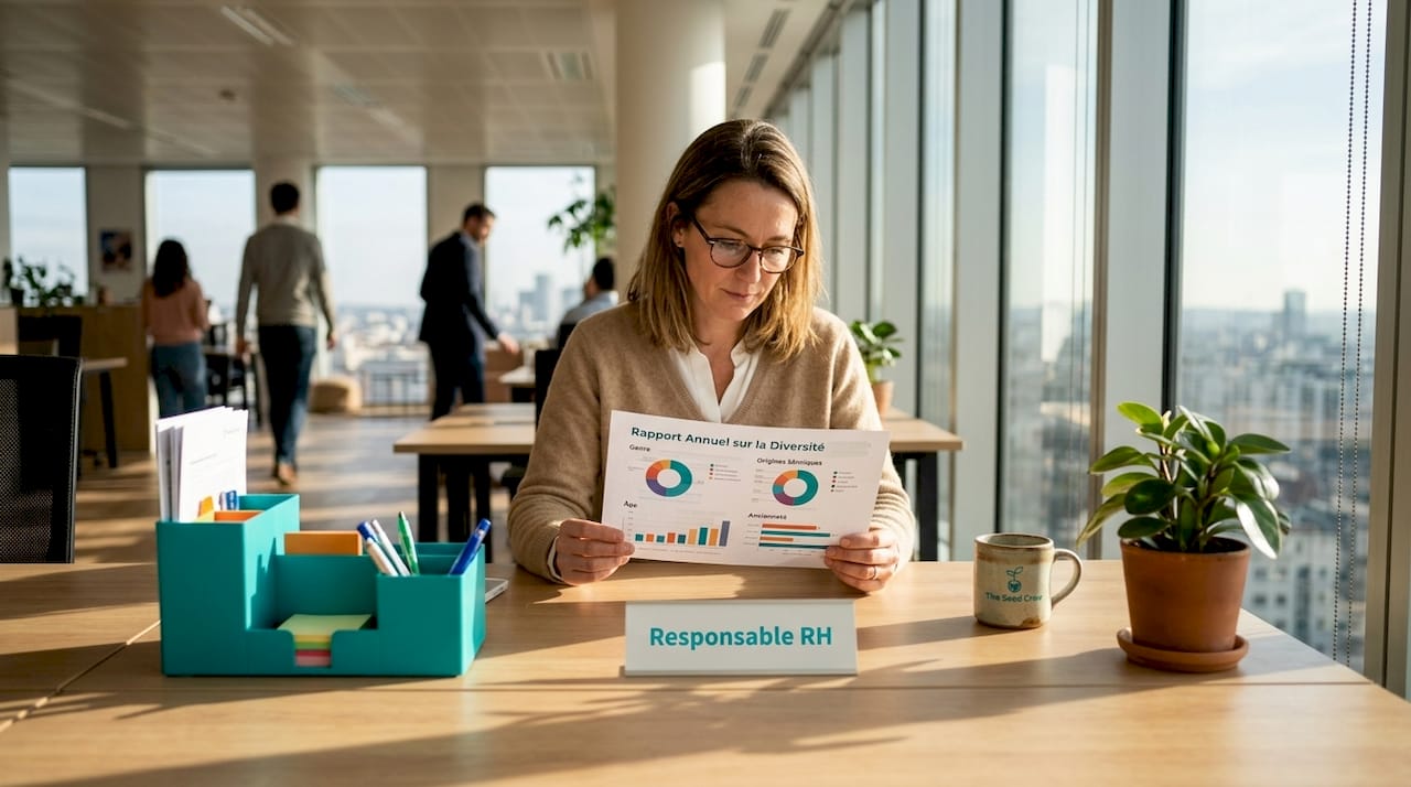 Une responsable RH passe en revue les indicateurs d’inclusion imprimés sur papier.