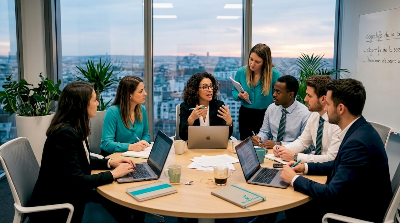 Une équipe aux profils variés échange lors d’une réunion axée sur le leadership inclusif.