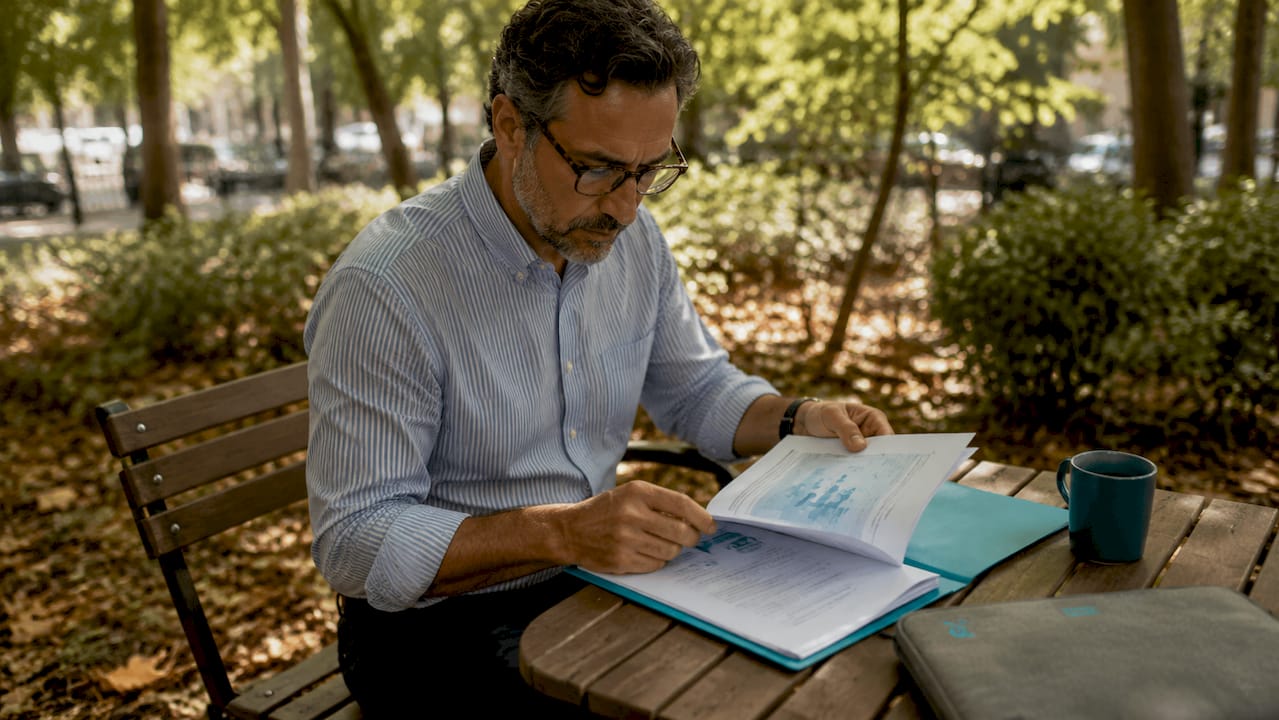 Un homme consulte des dossiers sur le privilège dans son bureau.