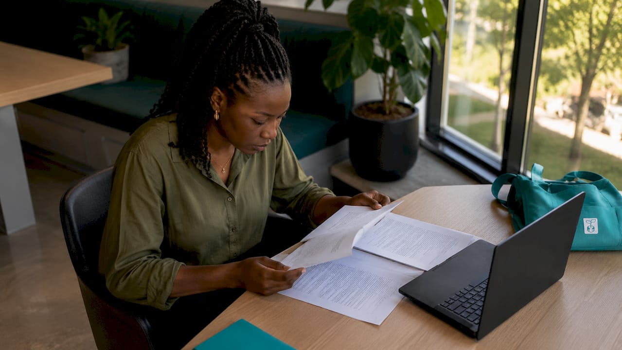 Une femme examine attentivement des dossiers liés à la discrimination, installée à son bureau.