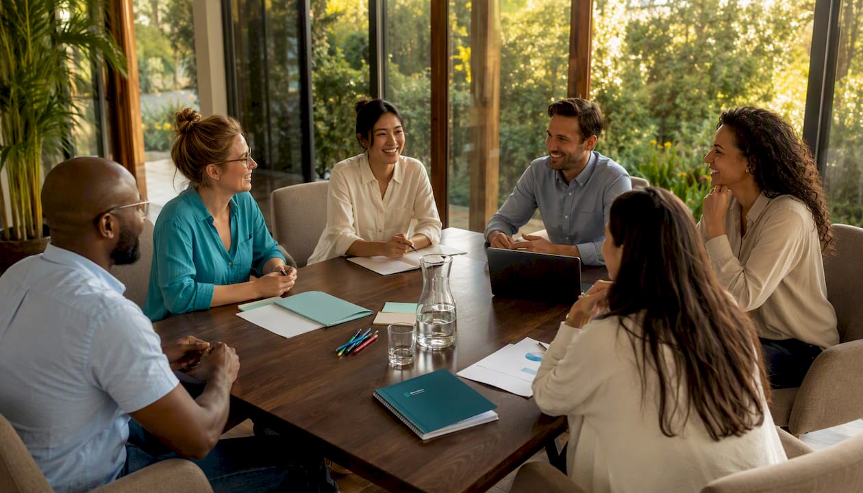 Un groupe de personnes échange autour d’une table sur le thème de la tolérance.