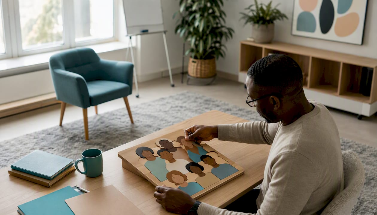 Des mains assemblent une pièce du puzzle représentant la diversité.