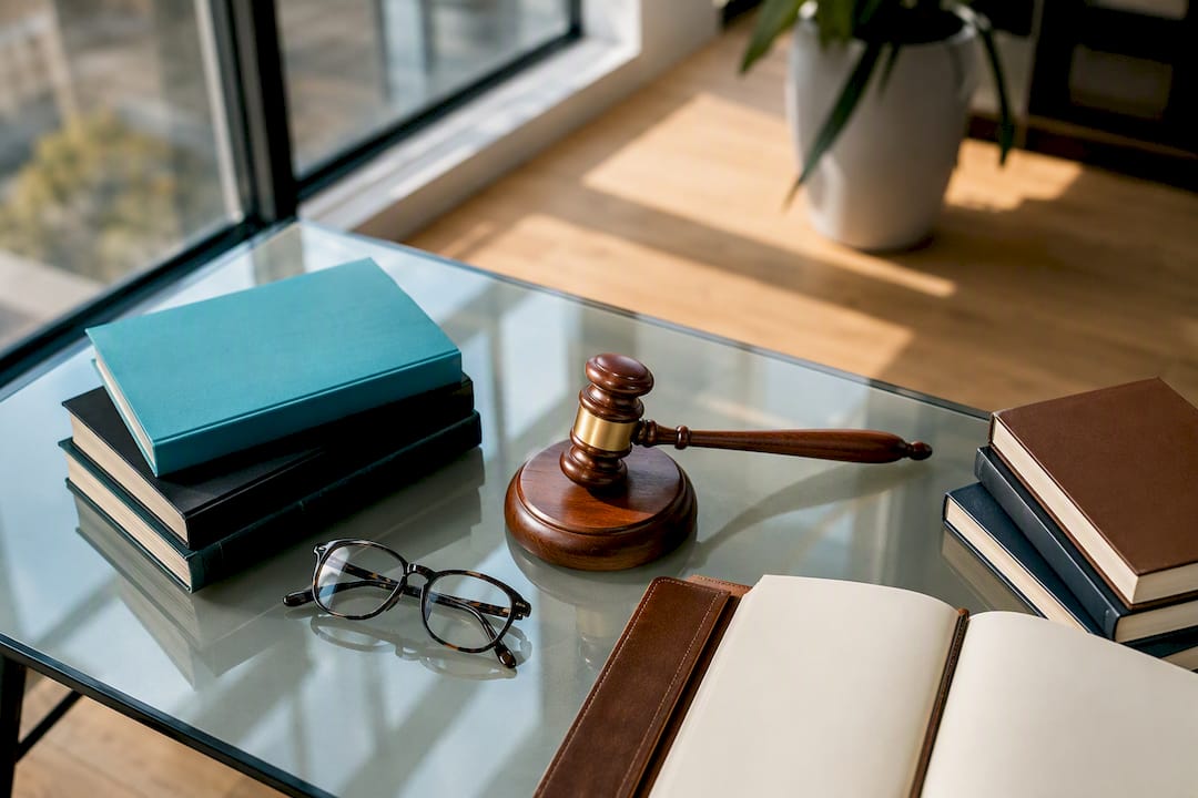 Maillet et livres de droit sur le bureau