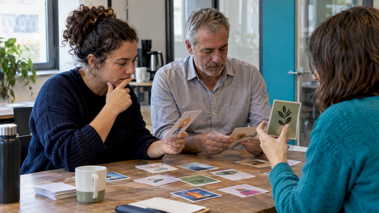 Des participants sélectionnant des cartes illustrées lors de l'atelier